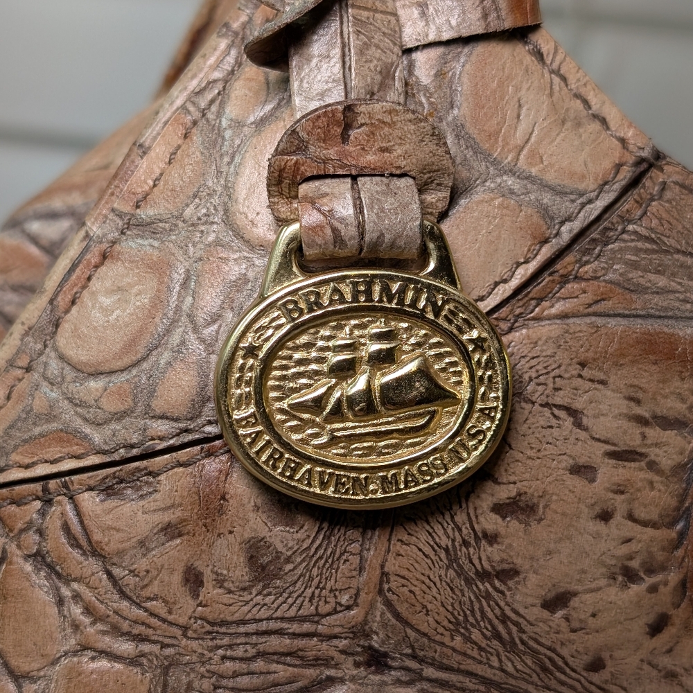 Vintage Brahmin Croc-Embossed Structured Leather Satchel | Beige | Gold Hardware - Picture 4 of 16